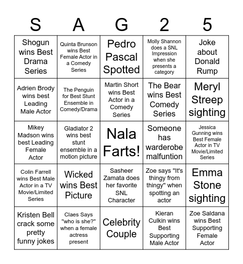 SAG Awards 2025 Bingo Card