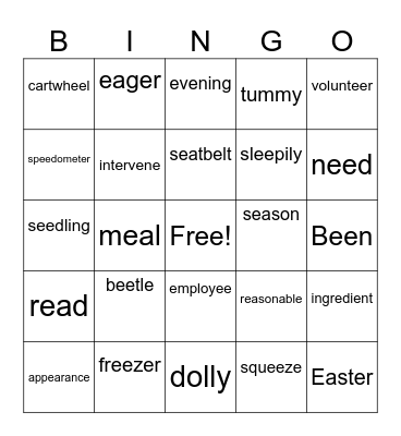Spelling:’ee’ (Spellings /e  ea  ee y/) Bingo Card