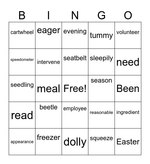 Spelling:’ee’ (Spellings /e  ea  ee y/) Bingo Card