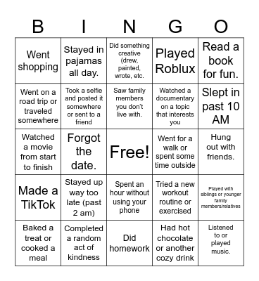 Winter Break Bingo Card