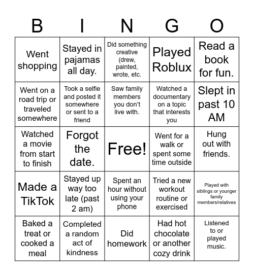 Winter Break Bingo Card