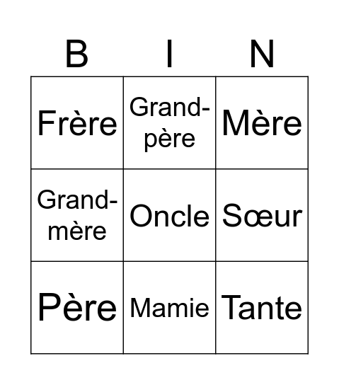 Les membres de la famille Bingo Card