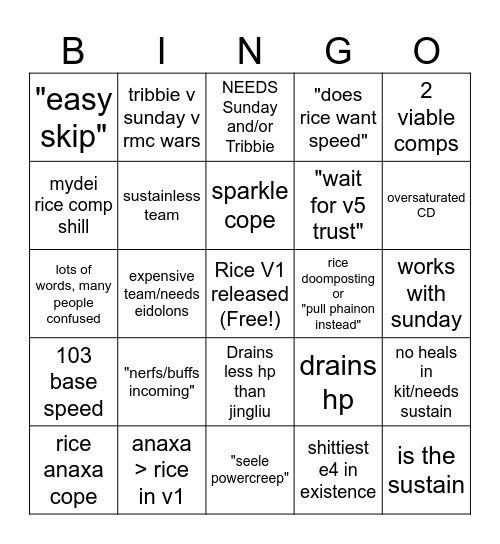 Castorice Beta Bingo Card