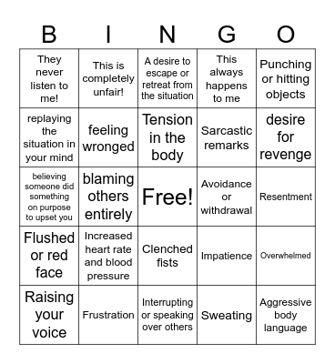 Anger Bingo Card
