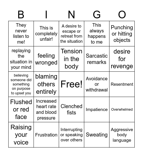 Anger Bingo Card