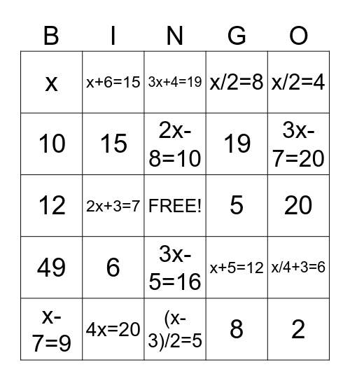 Bingo algebraico Bingo Card
