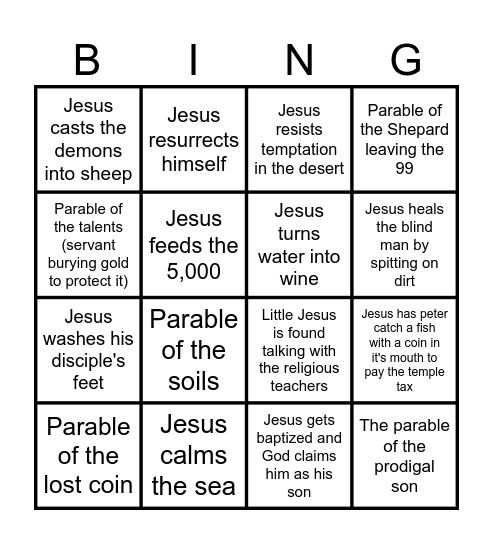 jesus('s) stories Bingo Card