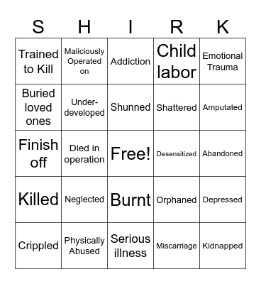 Unfortunate Child Bingo Card
