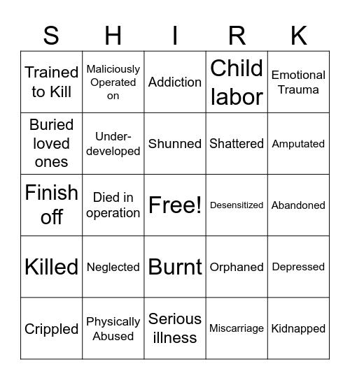 Unfortunate Child Bingo Card