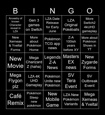 Pokémon Presents Bingo Card