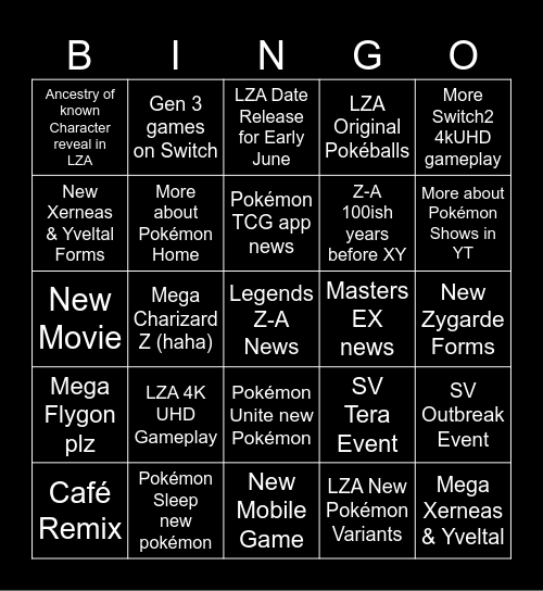 Pokémon Presents Bingo Card