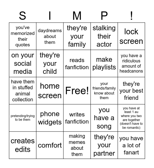 Simp Bingo Card