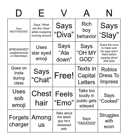 Devan Bingo Card