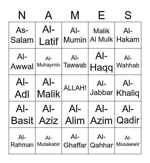 Allahs Names Bingo Card