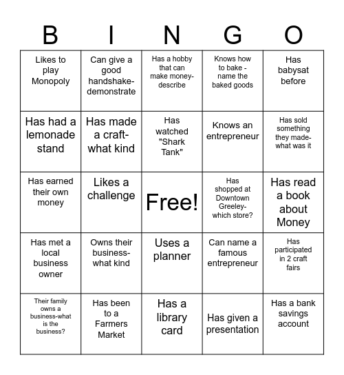KIDPRENEUR BINGO Card