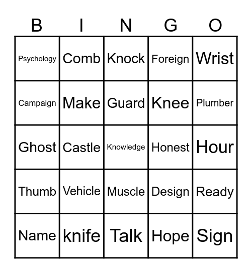 Silent letters Bingo Card