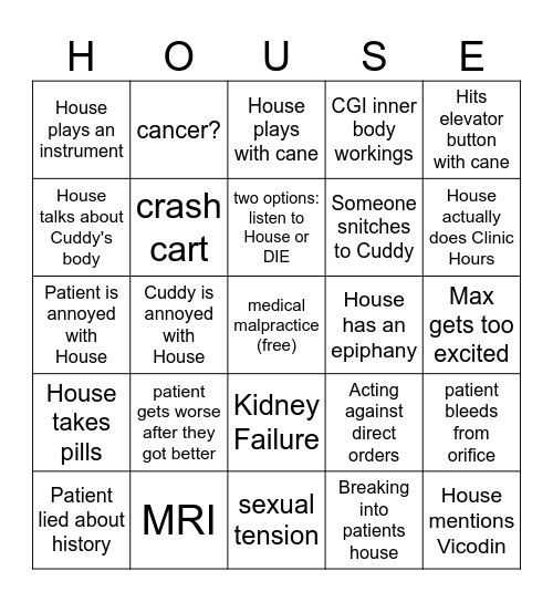 House M.D. Bingo Card