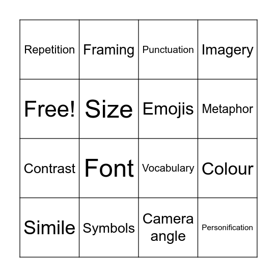 Language Features Bingo Card
