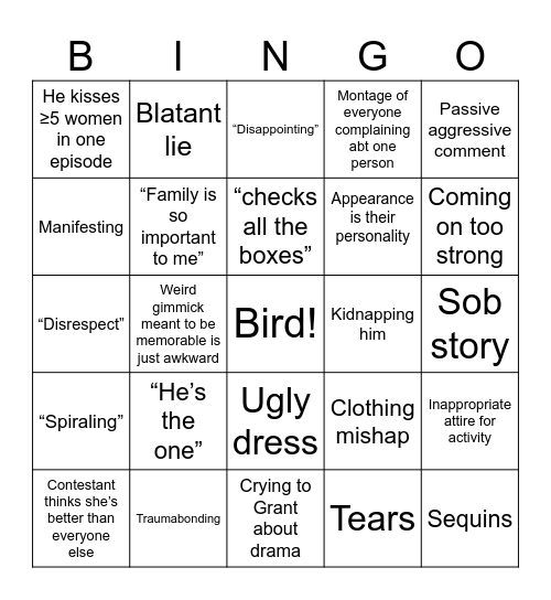 Birding the Bachelor Bingo Card