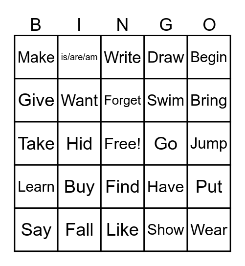 Irregular Verbs Bingo Card