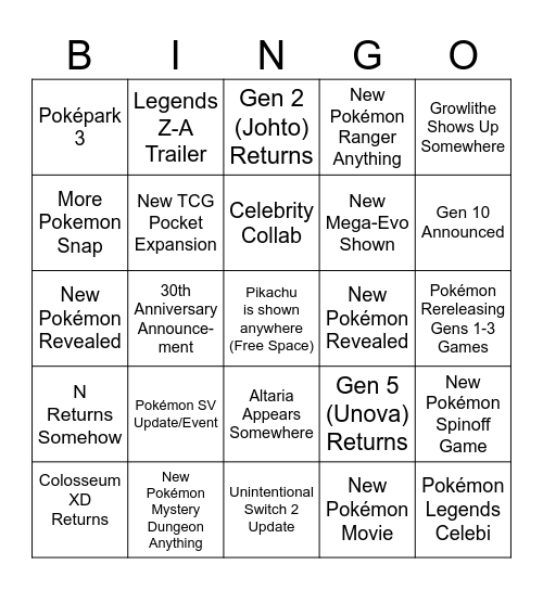 Pokémon Presents 2025 Bingo Card