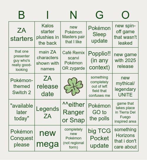 Lucky's PPP (Pokémon Presents Predictions) Bingo Card
