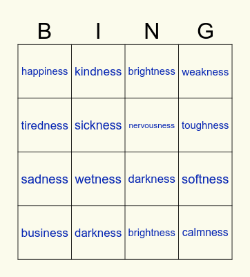 Ending with -ness nouns Bingo Card
