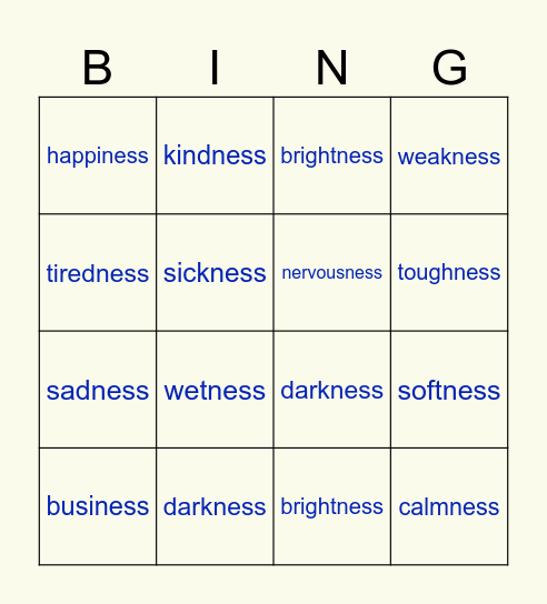 Ending with -ness nouns Bingo Card