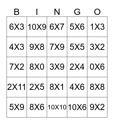 Multiplication  Bingo Card