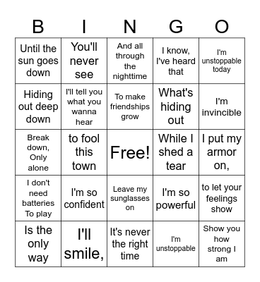 Sia's Unstoppable Lyrics Bingo Card