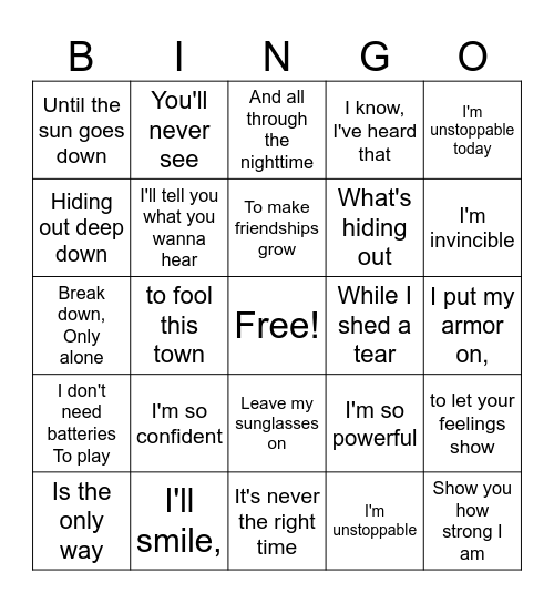 Sia's Unstoppable Lyrics Bingo Card