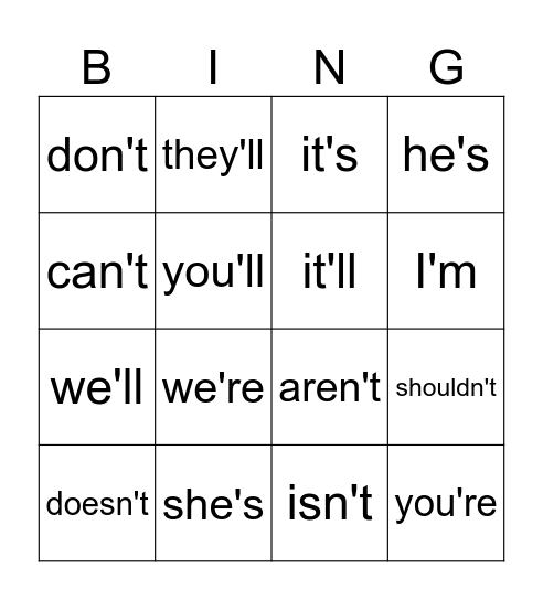 Contractions Bingo! Bingo Card