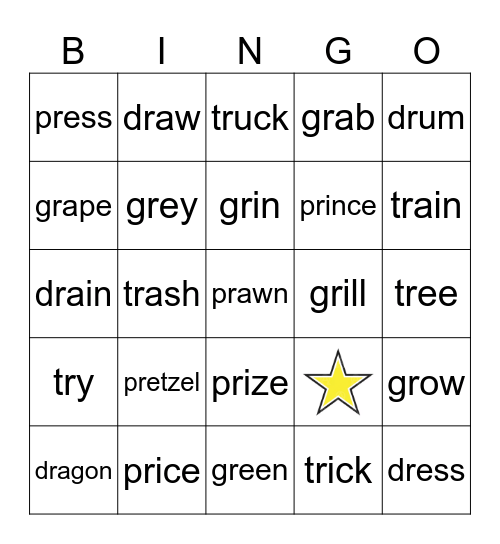 /dr/, /gr/, /pr/, /tr/ Bingo Card
