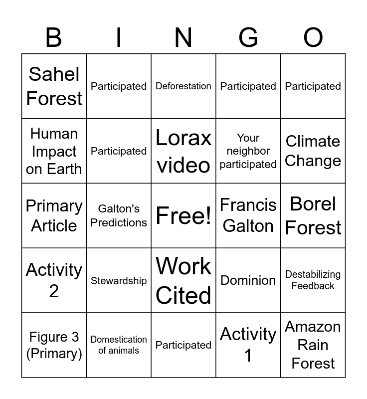 CLass Bingo Card