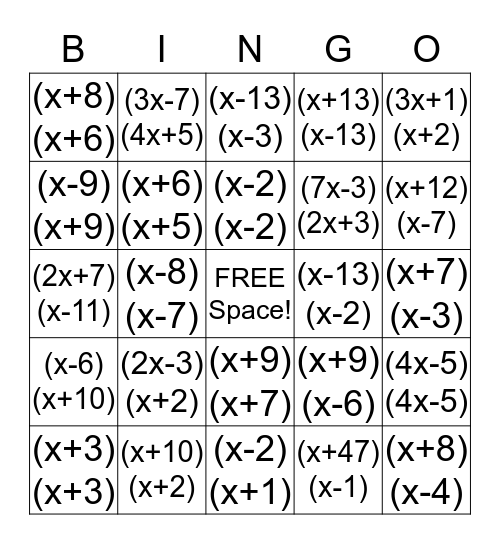 Factoring Bingo Card