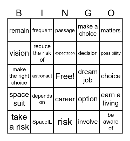 U2E Vocabulary Bingo Card