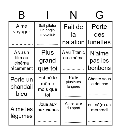Trouves quelqu'un qui ... Bingo Card