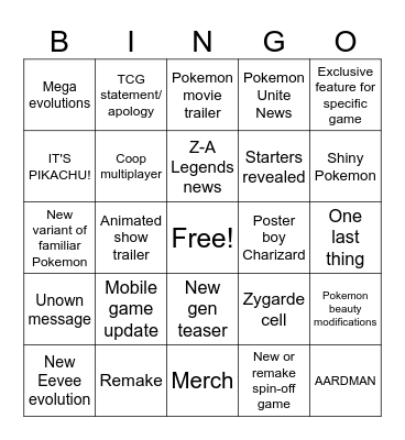 Pokemon Presents 2025 BINGO Card