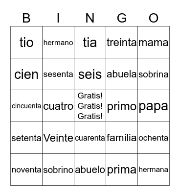 La Familia y Numeros Bingo Card