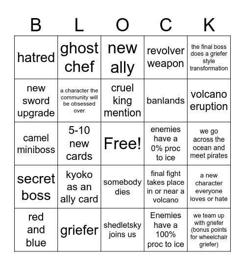 the new block tale Bingo Card