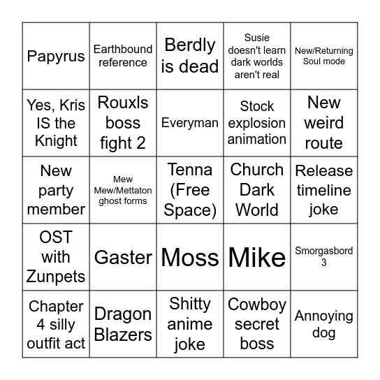 Deltarune Chapter 3+4 Bingo Card