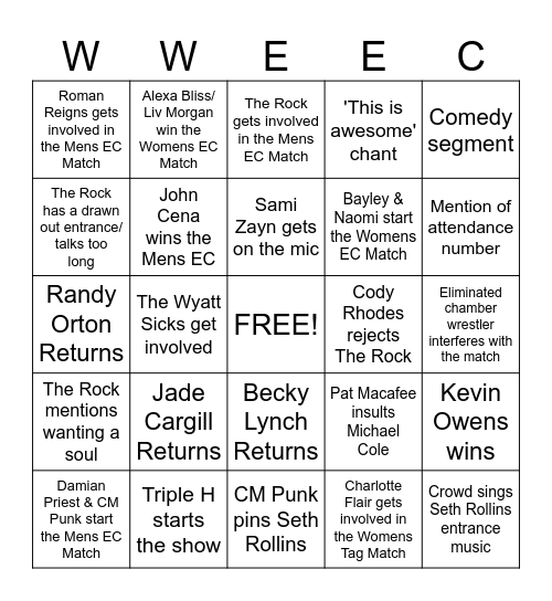 Elimination Chamber Bingo Card