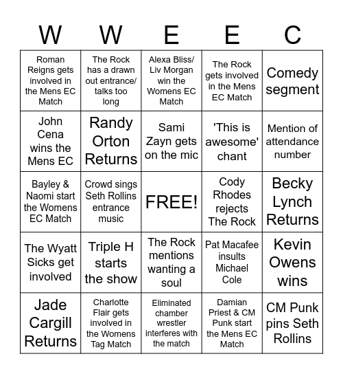 Elimination Chamber Bingo Card