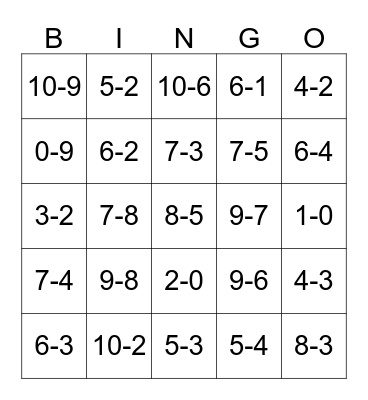 Subtraction  Bingo Card