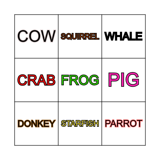 ANIMALS Bingo Card