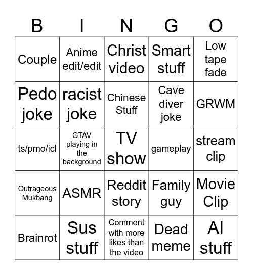 Tiktok bingo card Bingo Card