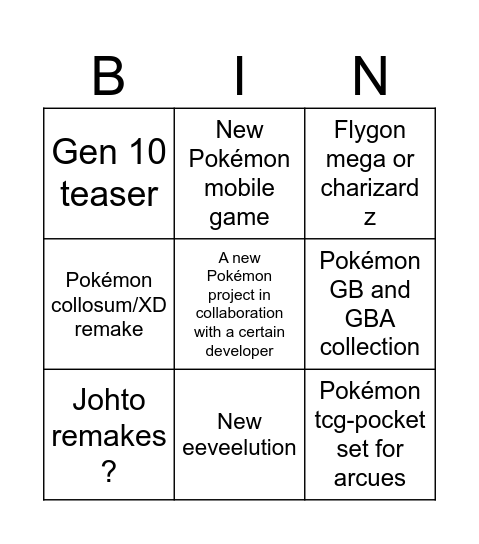 Pokémon presents bingo card Bingo Card