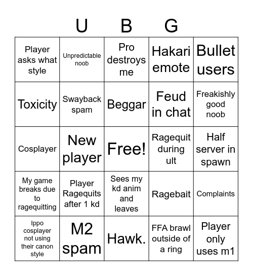 Untitled Boxing Game Bingo Card