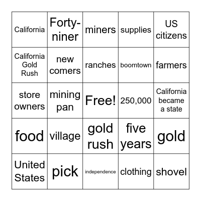 The California Gold Rush Bingo Card