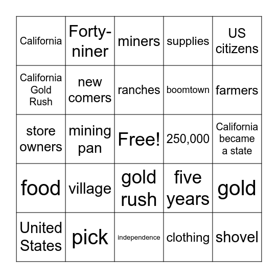 The California Gold Rush Bingo Card